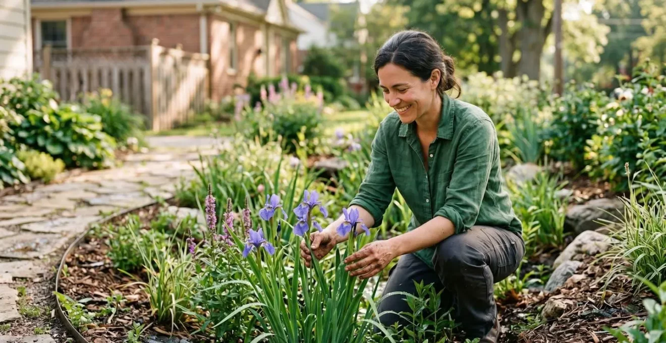 Noue paysagère végétalisée intégrée dans un jardin résidentiel pour la gestion naturelle des eaux de pluie