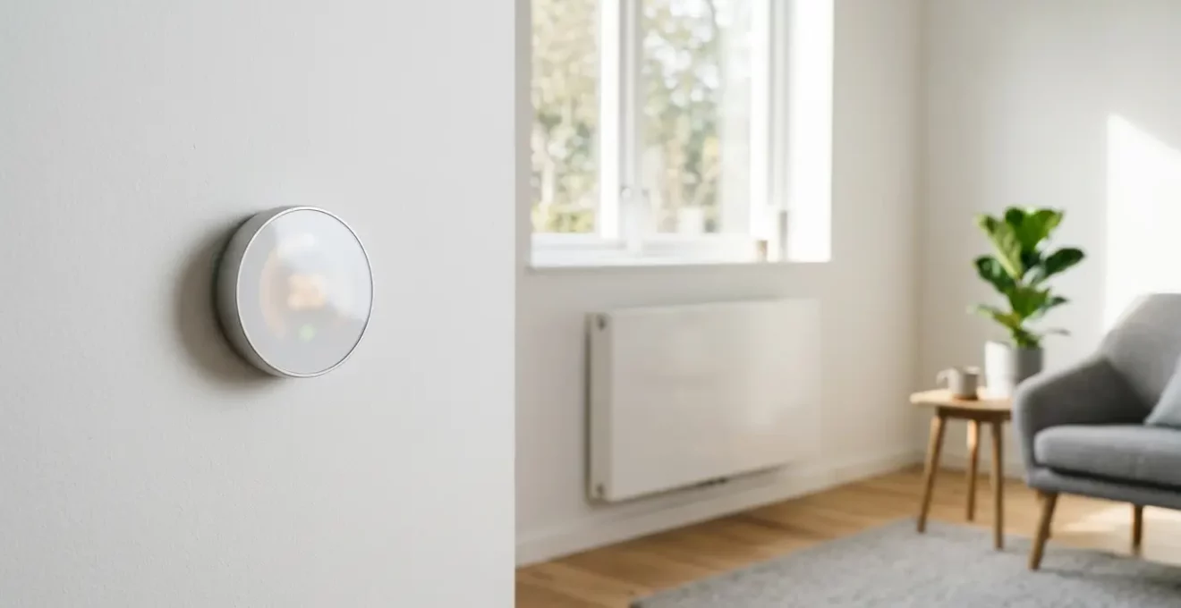 Thermostat connecté moderne sur mur minimaliste avec radiateur en arrière-plan flou
