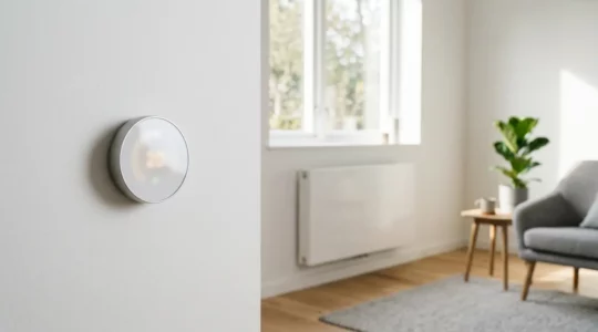 Thermostat connecté moderne sur mur minimaliste avec radiateur en arrière-plan flou