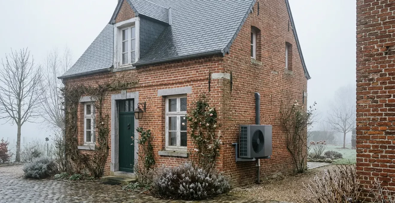 Unité extérieure de pompe à chaleur air-air installée sur la façade d'une maison typique du Nord de la France