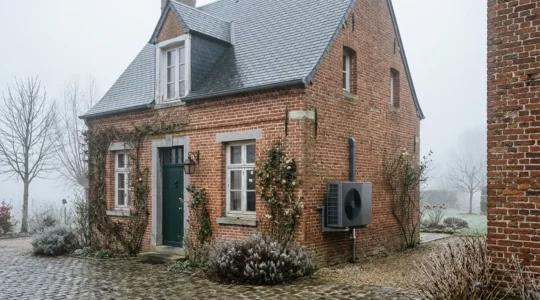 Unité extérieure de pompe à chaleur air-air installée sur la façade d'une maison typique du Nord de la France
