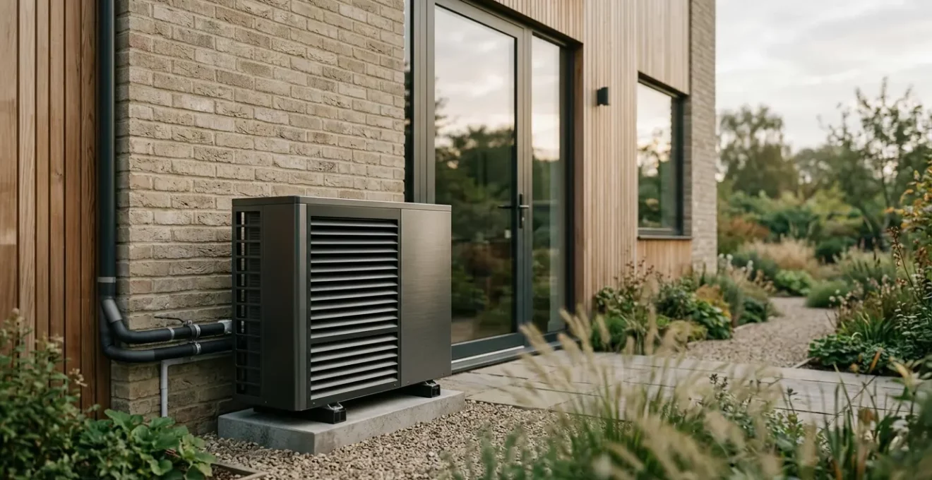 Installation professionnelle d'une pompe à chaleur moderne avec système de radiateurs en fonte dans une maison rénovée
