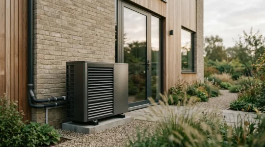 Installation professionnelle d'une pompe à chaleur moderne avec système de radiateurs en fonte dans une maison rénovée