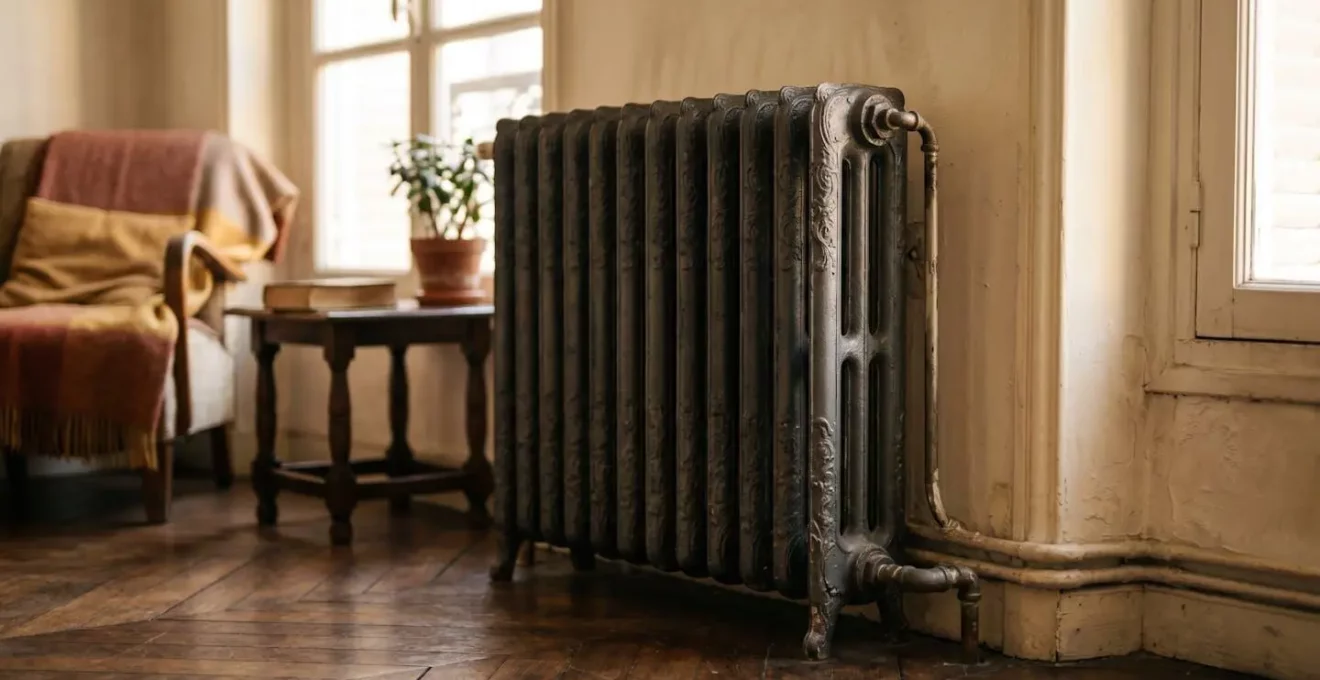 Radiateur traditionnel dans un intérieur ancien illustrant le chauffage à haute température