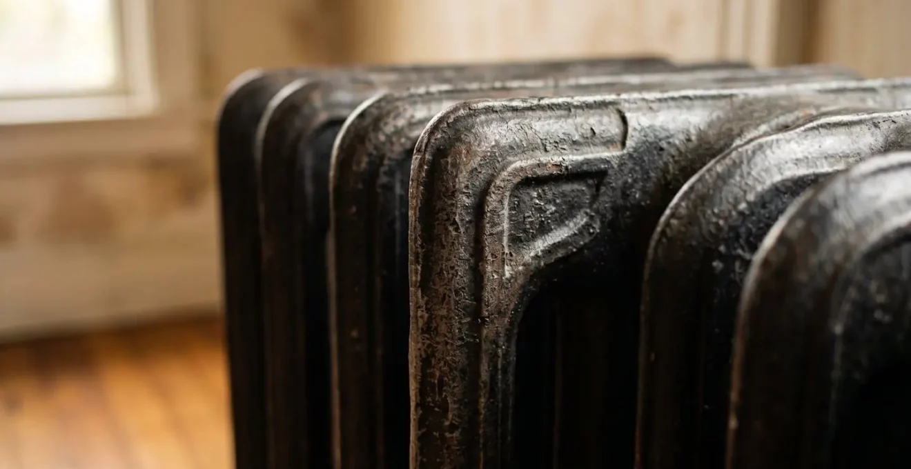 Détail macro d'un ancien radiateur en fonte montrant la texture métallique et les ailettes de dissipation thermique