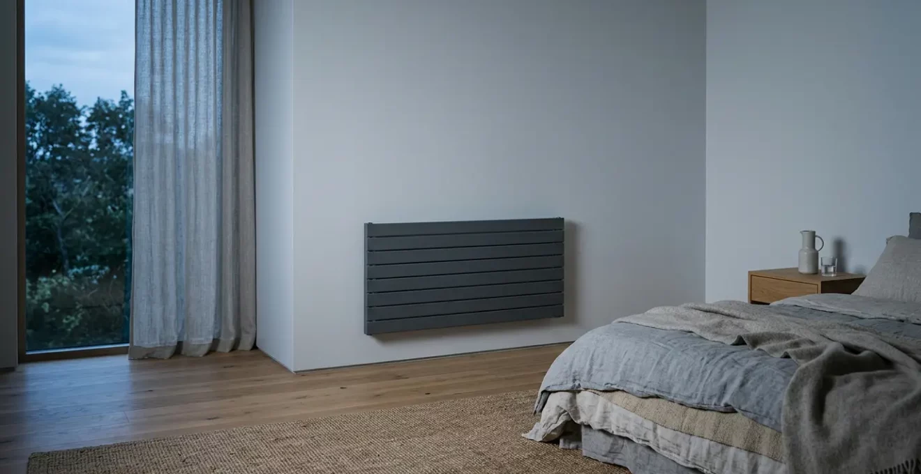 Chambre à coucher moderne et apaisante la nuit avec radiateur électrique à inertie design