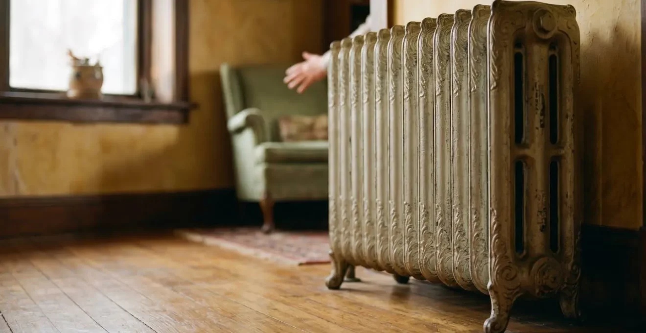 Ancien radiateur en fonte à grande surface d'émission installé dans une maison rénovée