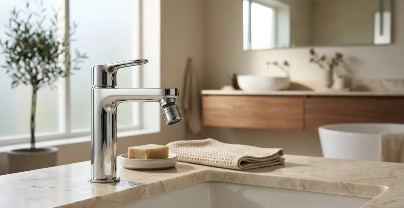 Robinet moderne avec mousseur économiseur installé dans une salle de bain contemporaine illustrant les économies d'eau chaude