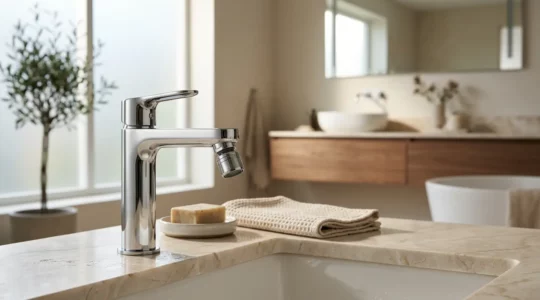 Robinet moderne avec mousseur économiseur installé dans une salle de bain contemporaine illustrant les économies d'eau chaude