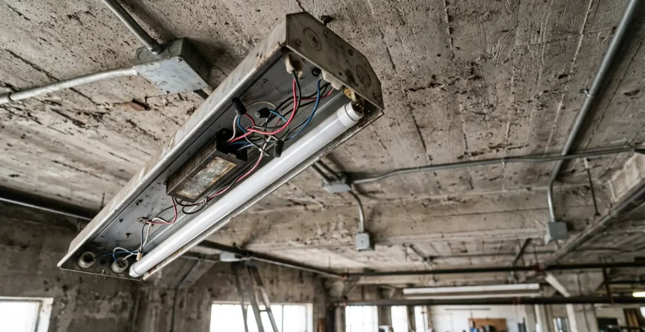 Remplacement d'un tube fluorescent par un tube LED dans un garage avec focus sur le ballast et les connexions électriques