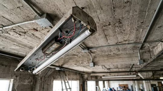 Remplacement d'un tube fluorescent par un tube LED dans un garage avec focus sur le ballast et les connexions électriques