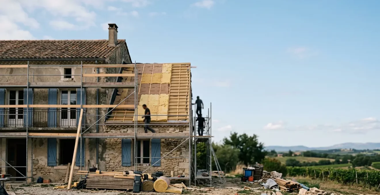 Vue d'ensemble d'une maison en rénovation énergétique avec des matériaux d'isolation visible