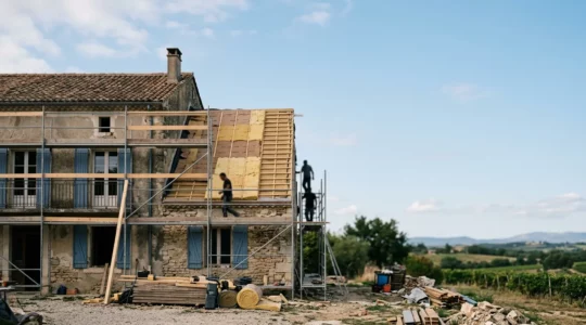 Vue d'ensemble d'une maison en rénovation énergétique avec des matériaux d'isolation visible