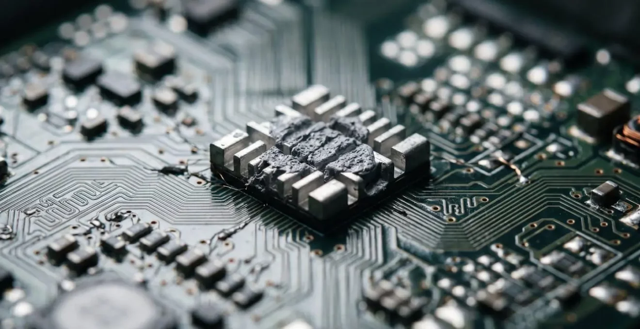Gros plan macro sur des composants électroniques d'onduleur solaire révélant la complexité technique des systèmes diffus
