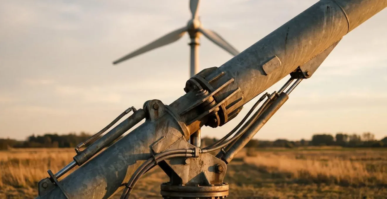 Système de charnière hydraulique sur un mât d'éolienne permettant le basculement pour maintenance