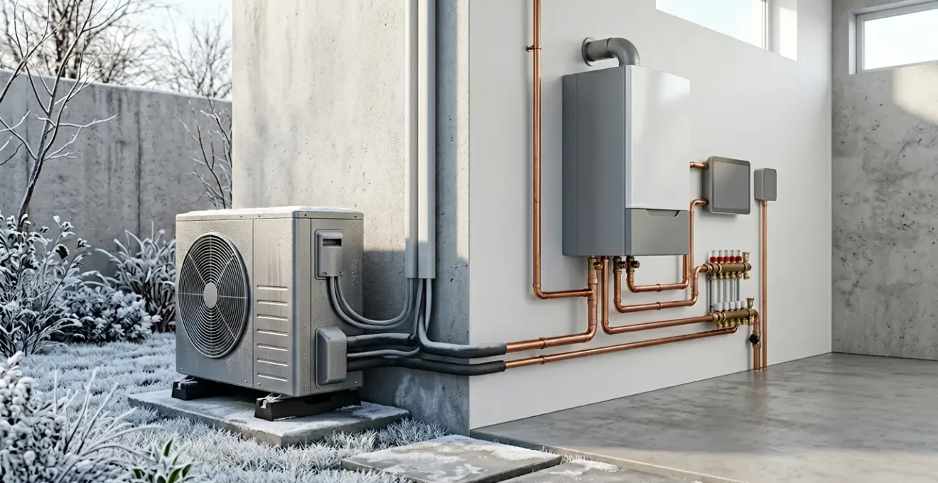 Installation de pompe à chaleur hybride combinant PAC et chaudière gaz pour climat rigoureux
