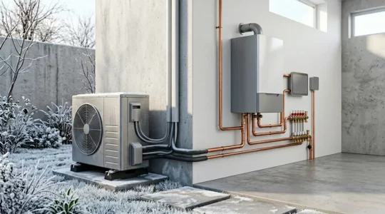 Installation de pompe à chaleur hybride combinant PAC et chaudière gaz pour climat rigoureux