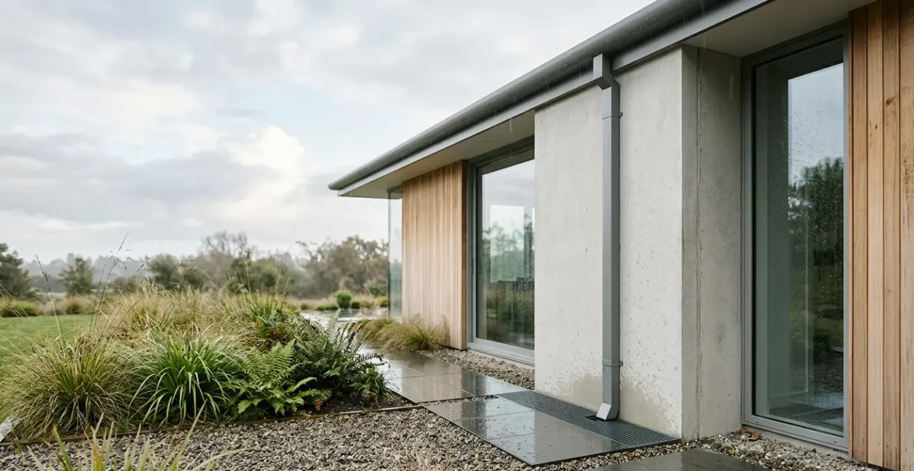 Installation moderne de récupération d'eau de pluie pour usage domestique dans une maison écologique