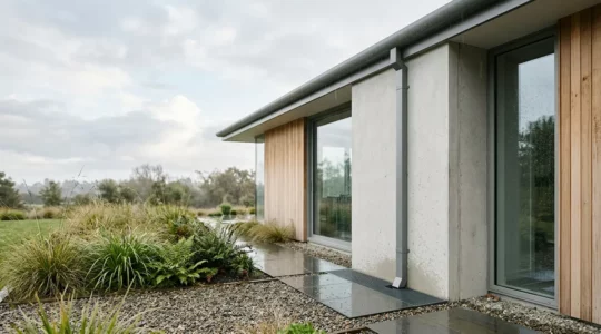 Installation moderne de récupération d'eau de pluie pour usage domestique dans une maison écologique