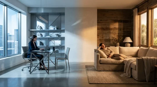 Composition lumineuse abstraite montrant l'équilibre entre lumière chaude et froide pour le bien-être