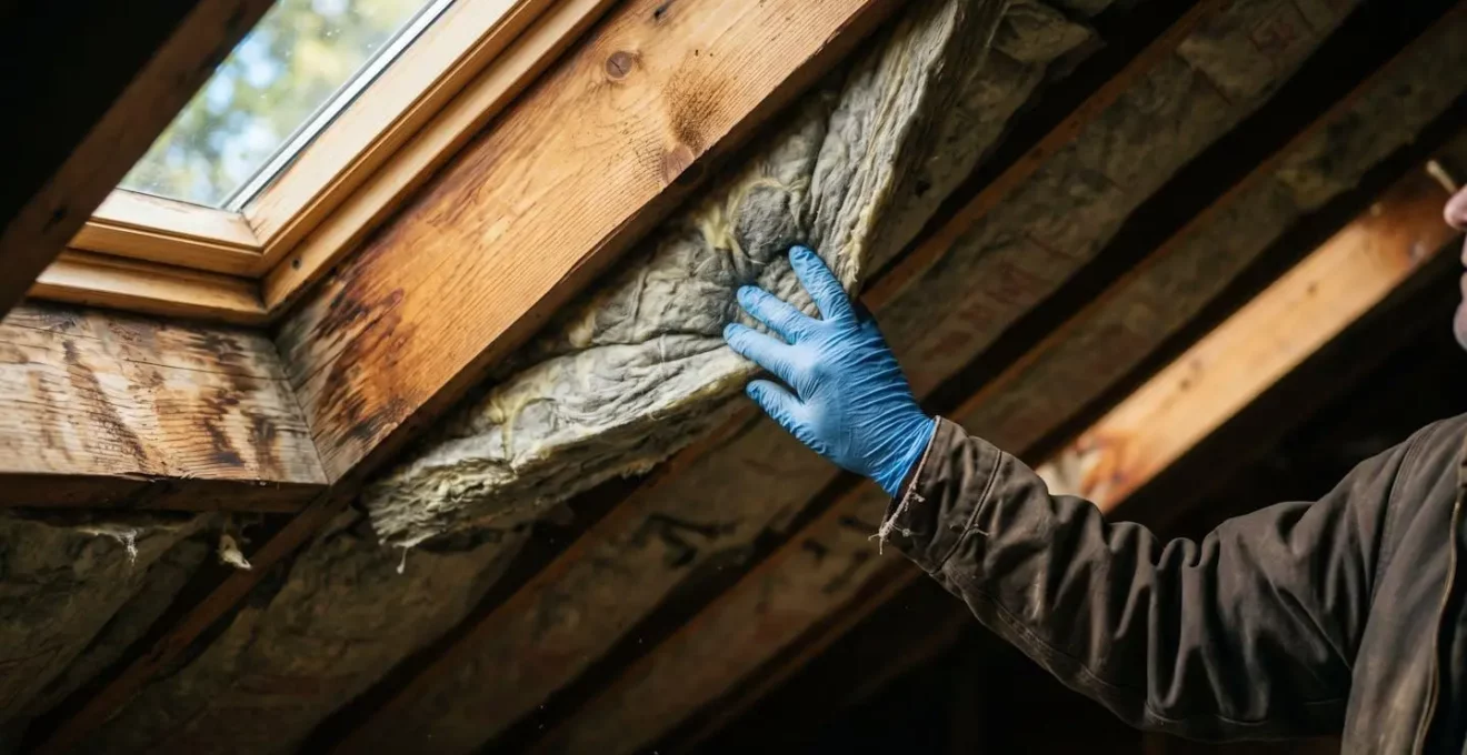 Vue rapprochée montrant le tassement d'un isolant ancien dans des combles avec solives apparentes