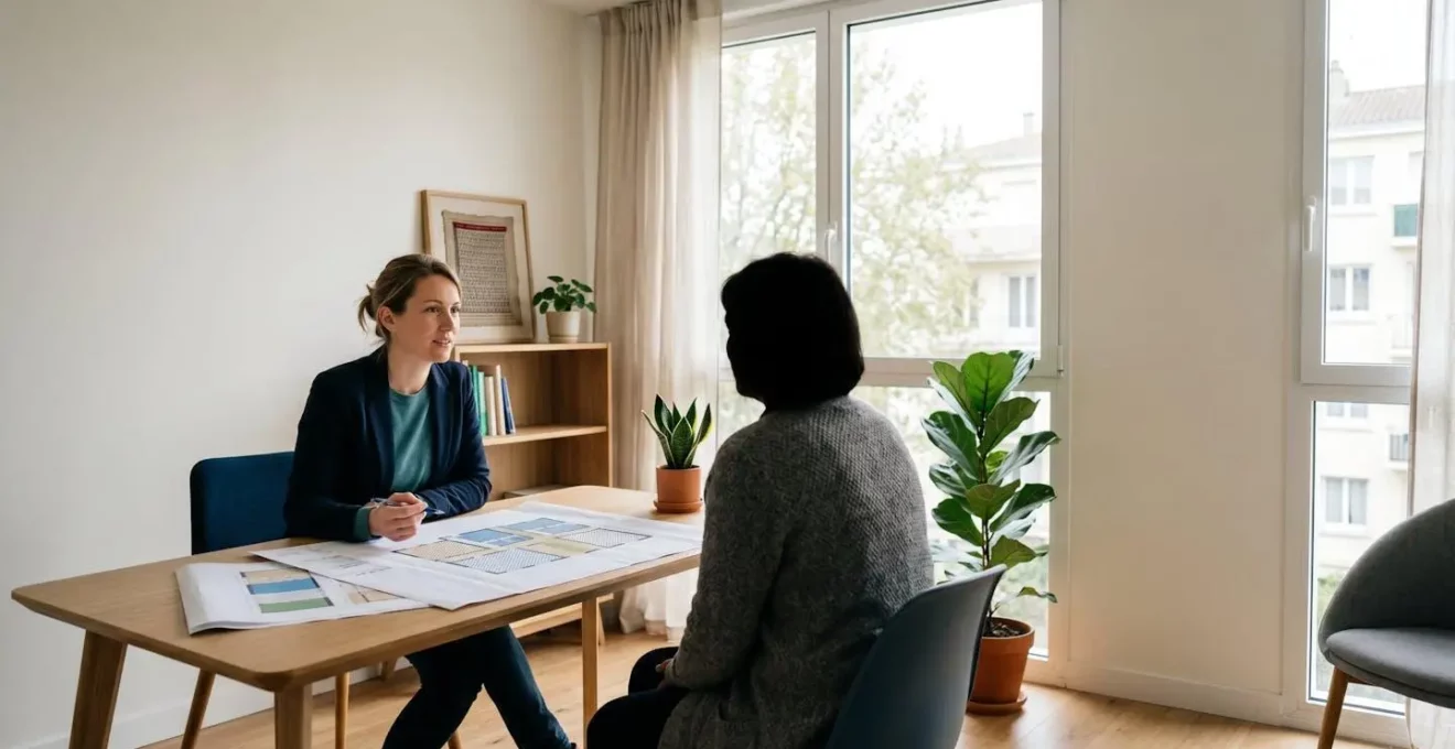 Conseiller en rénovation énergétique analysant des documents dans un espace de conseil moderne et minimaliste