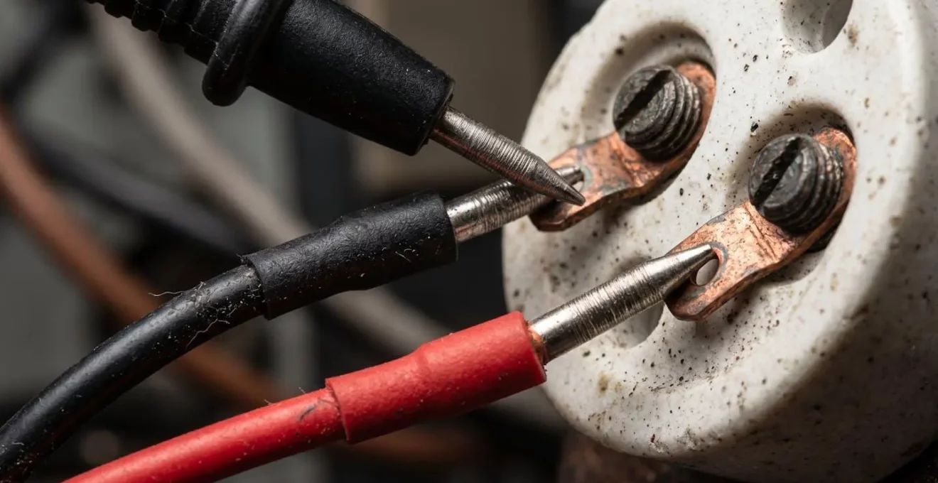Gros plan sur un multimètre testant la continuité des connexions électriques d'une réglette LED avant remise sous tension