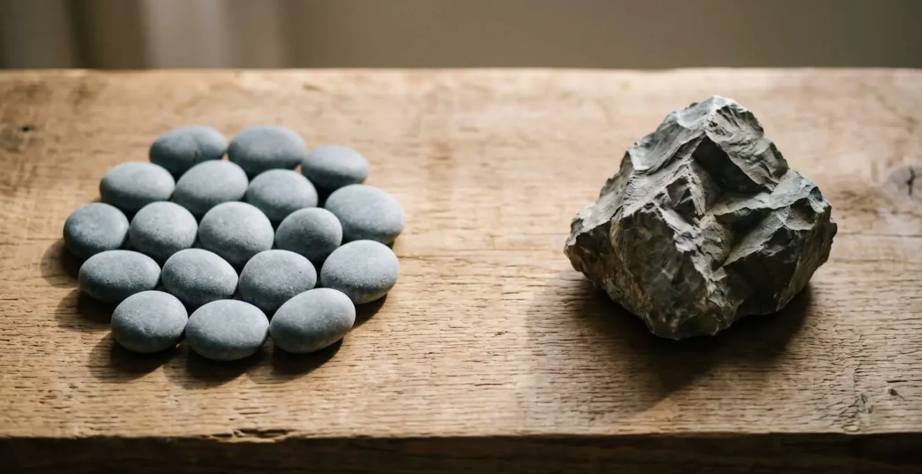 Métaphore visuelle illustrant la différence entre des impacts fréquents de faible intensité (plusieurs petits cailloux) et un impact rare de forte intensité (un gros rocher).