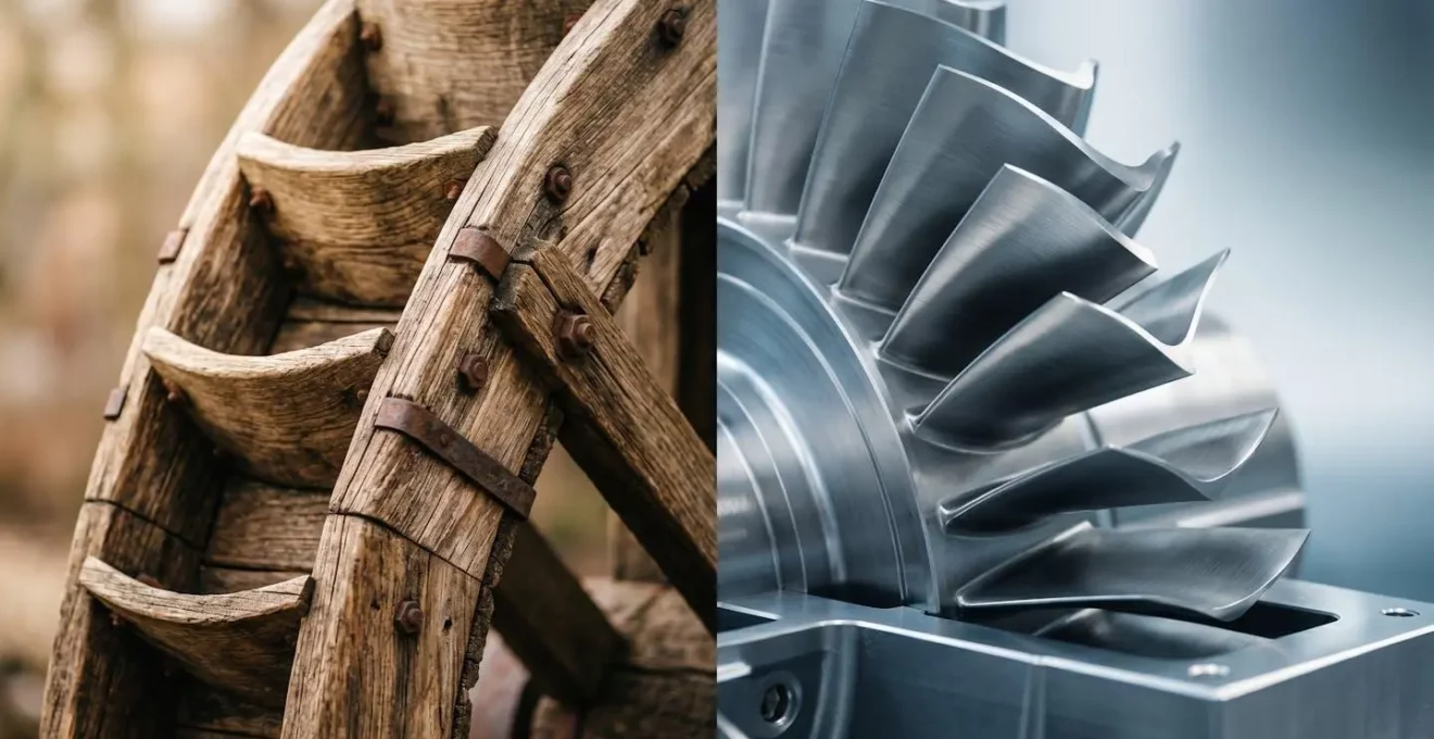 Comparaison visuelle entre une ancienne roue à aubes en bois et une turbine Kaplan moderne installée dans un moulin